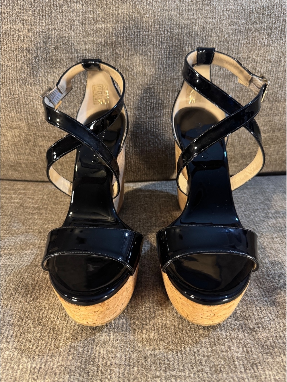 Jimmy Choo Portia 120 Black Patent Leather Cork Wedge Sandals Size 39.5 US 9